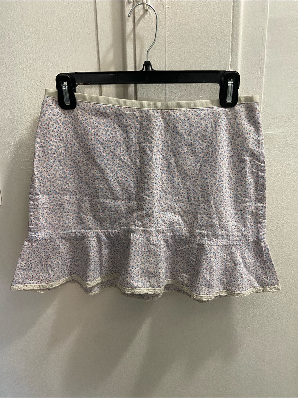 Express White Mini Skirt with Pink & Blue Floral Ruffle